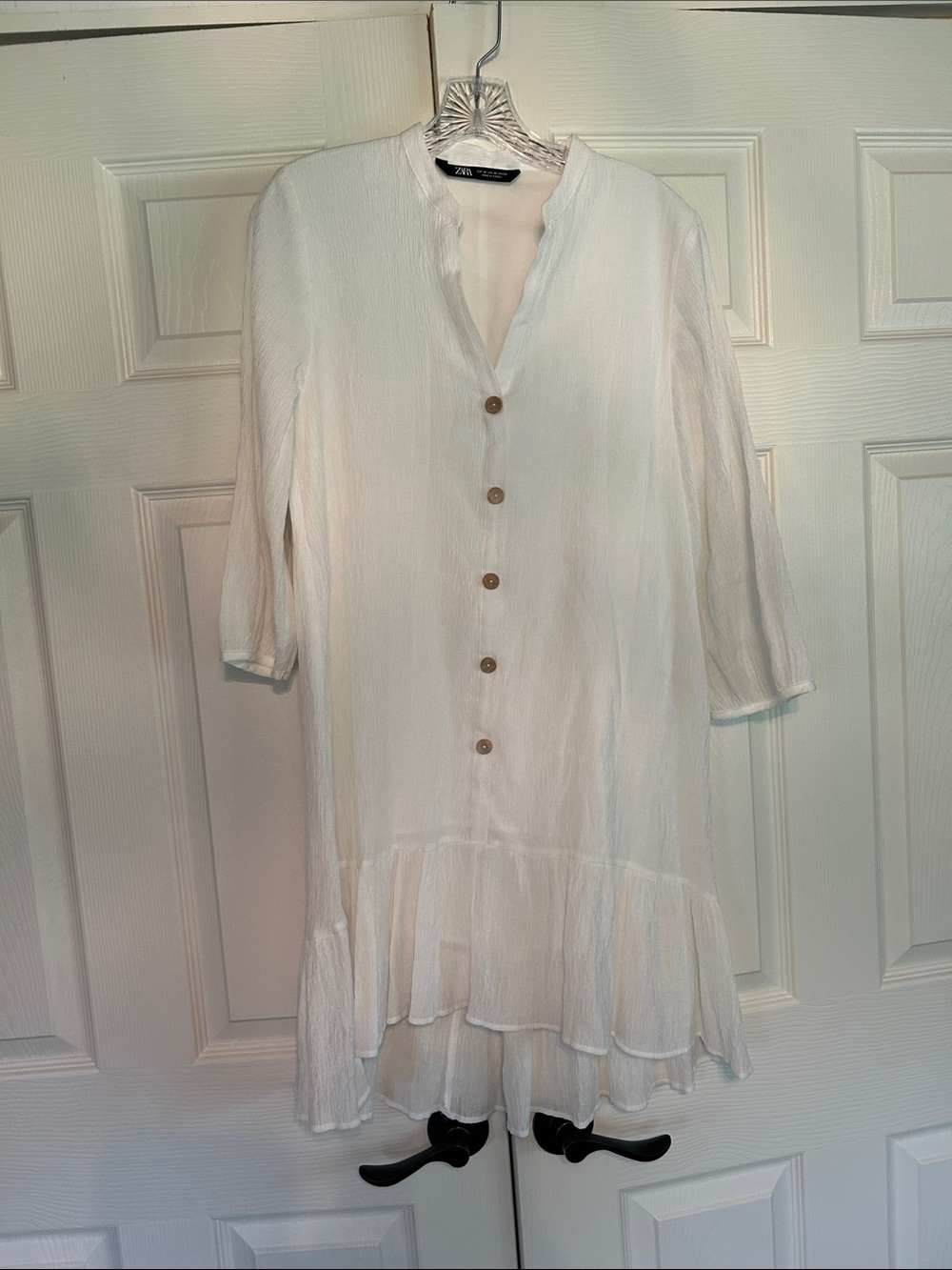 Zara Cream Button-Front Ruffle Hem Tunic